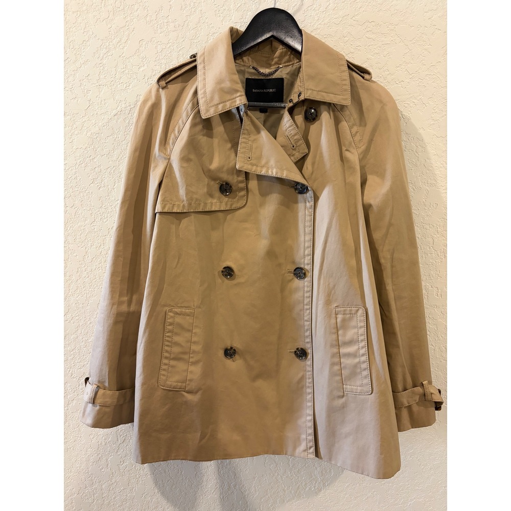 Banana Republic Khaki Tan Double Breasted Short Trench Coat Jacket Womens Medium